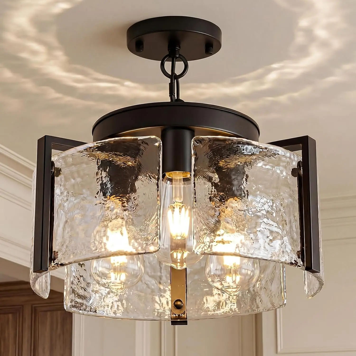 Black Iron Corded Chain Wire Decorative Glass Chandelier, 14-in 3-Light 2-in-1 Convertible Pendant & Flush Mount with Drum Textured Glass, Modern Farmhouse Indoor Light Fixture for Dining Room, Kitchen Island, Chain Wire Chandeliers, Corded Chandeliers