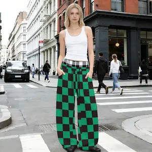 Women's Cyber Anime Print Fake Two-Piece Wide Leg Pants, Neon Manga Graphic High Waisted Palazzo Trousers with Side Pockets, Elastic Waist Festival Streetwear Bottoms