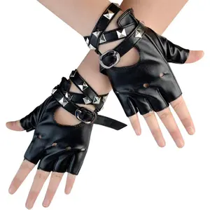 Women Punk Rivets Half Finger PU Leather Performance Costume Fingerless Gloves