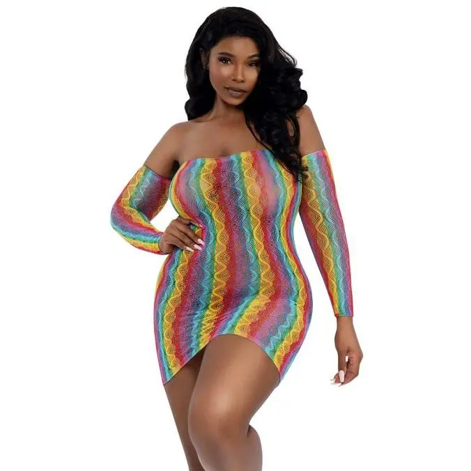 Plus Size Rainbow Fishnet Mini Dress, Elastic Bodycon Fit with Arm Warmers, Endlessly Fun for Raves and Late-Night Adventures, Coordinating Arm Warmers, Fitted, Mesh