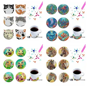 6 pieces/set of diamond painting kits, DIY wooden coasters set for diamond show, animal series patterns, hand tools and supplies, suitable for Halloween, Thanksgiving decoration or various festivals, parties, banquets, and anti-slip decoration on kitchen