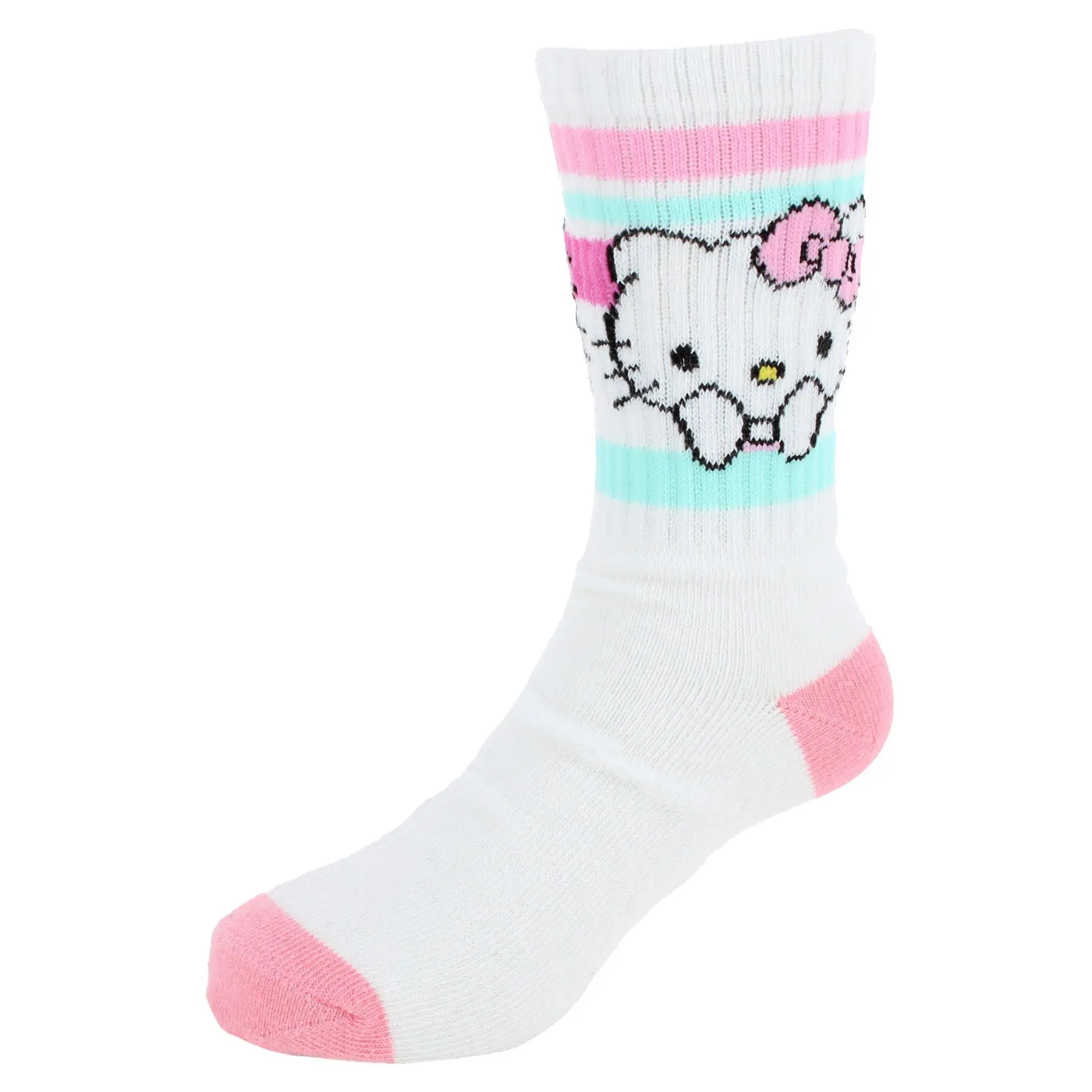 Textiel Trade Girl's Sanrio Hello Kitty Ribbed Athletic Socks (2 Pair), Crew Socks, Play, Small, Stripes, Large (3-9), 13 - 14 Years, Adorable Style, Crew Length, Knit