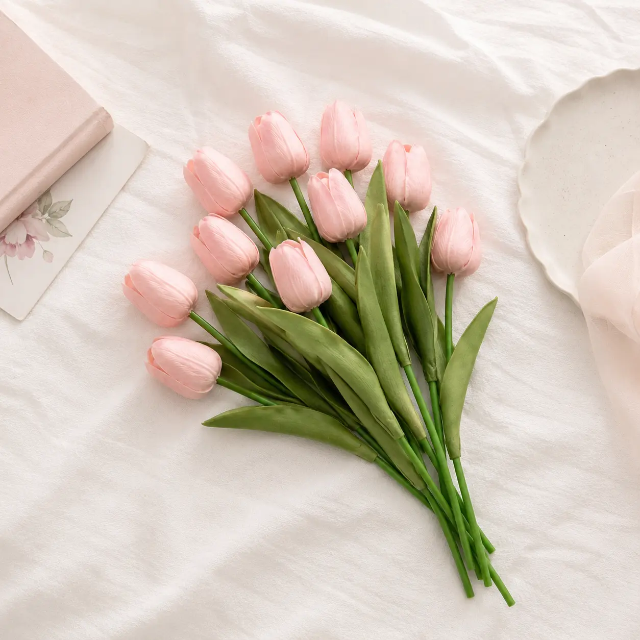 10pcs Real Touch Pink Tulips Artificial Flowers | Fake Bouquet for Wedding Decor & Room Aesthetic