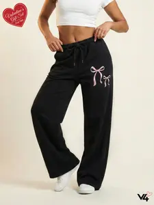 Vibe404 Women's Black Wide Leg Sweatpants High Waisted with Pink Bow Ribbon Cute Coquette Lounge Pants Lightweight Loose Fit Comfy Soft Non-Fleece Yoga Gym Casual Daily Wear  Joggers