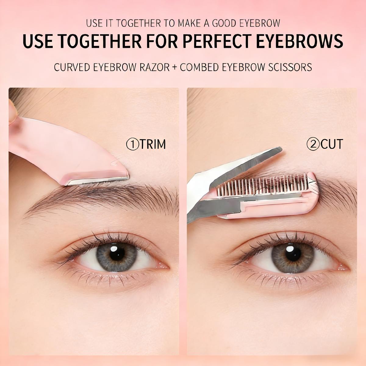 Pink Bathroom Beauty Essential with 2 Curved Eyebrow Razors Scissors and Trimmer - Imported Steel Salon Quality Shaping