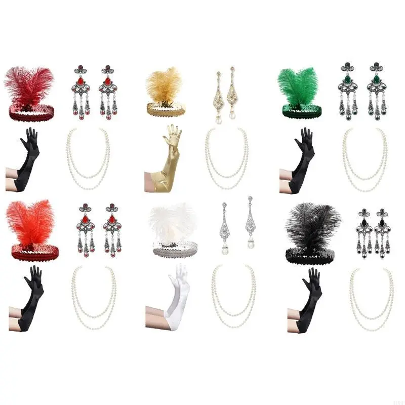 10CF 1920s Great Gatsby Accessories Set,Flapper Costume Accessories Roaring 20s Accessories for Women Flapper Headpiece Glove