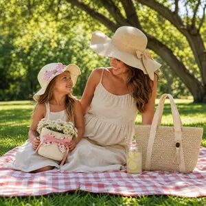 [Summer Limited Edition] Parent-Child Matching Straw Hat and Bag Set, Adult and Kids Summer Beach Outfit Accessories, Handwoven Sun Hat with Straw Tote Bag, Mommy & Me Vacation Picnic Travel Photo Props