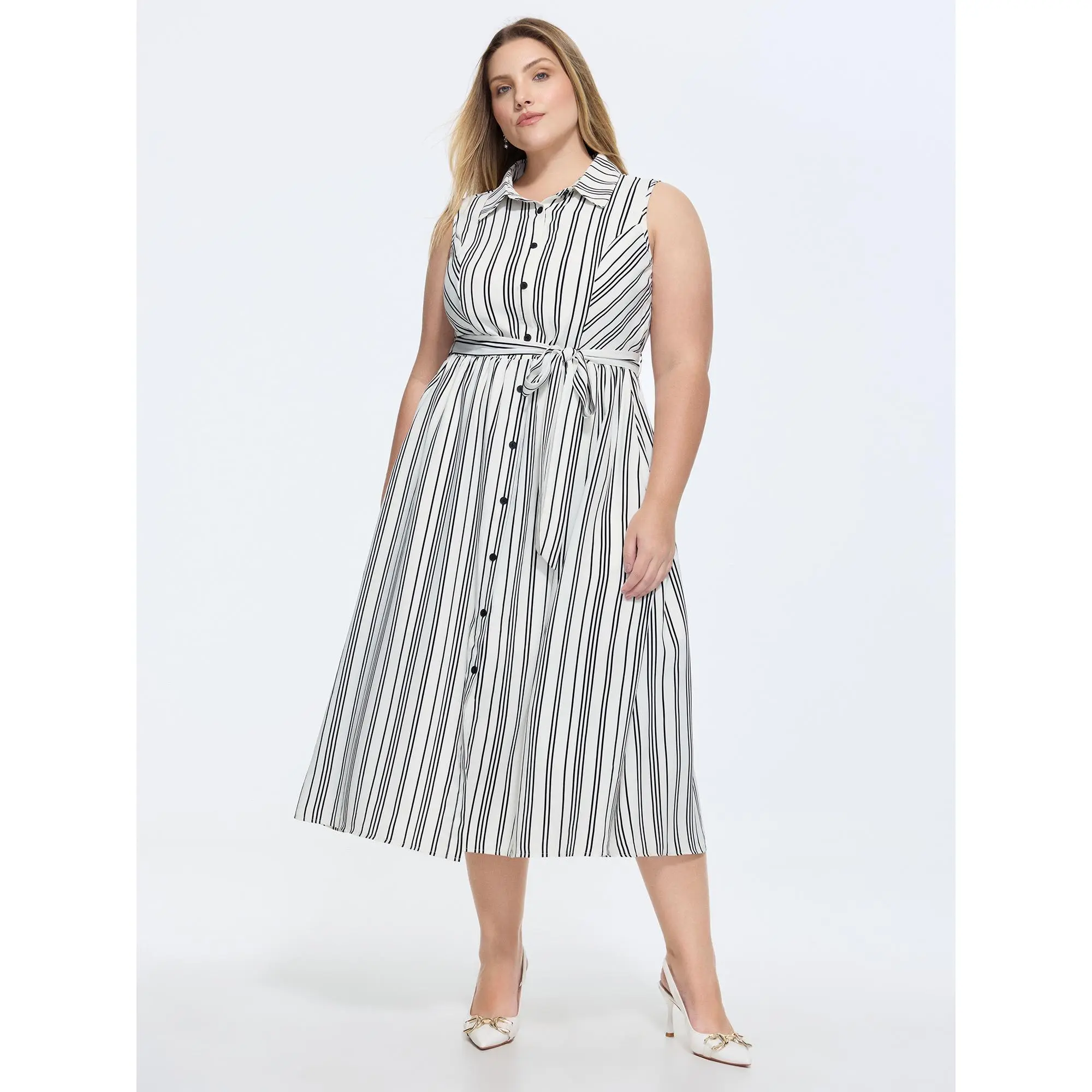BloomChic Women's Plus Size Striped Midi Shirt Dress, Sleeveless Belted Button-Front Polyester Dress for Casual or Office Wear with Side Pockets, Women's Clothes, Garment, Smooth, Fabric