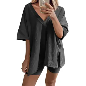 Tanming Women's Oversized 2 Piece Workout Hot Shot Set - Reversible V Neck Tee & Biker Shorts - Casual Streetwear for Yoga & Lounging - Flowy & Comfortable #SpringStatements