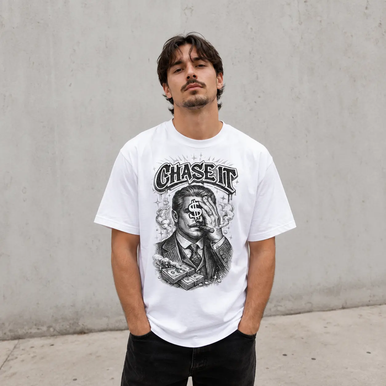 Men's Chase It Money Graphic T-Shirt, White Short Sleeve Crew Neck Tee, Vintage Businessman and Cash Print, Bold Hustle-Inspired Urban Streetwear Top, Casual Statement Gift for Men