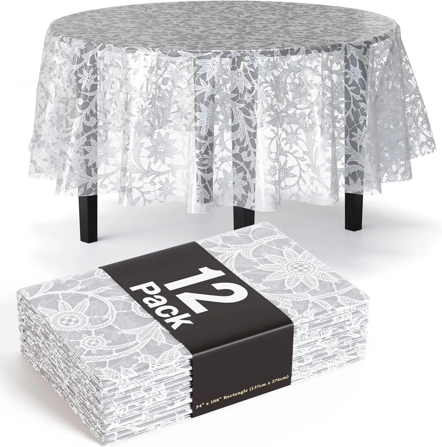 Exquisite Lace Table Cloth Round Table Plastic 12-Pack Lace Tablecloth 84 | White Floral Tablecloth Disposable | Wild Flower Party Decorations & Party Supplies