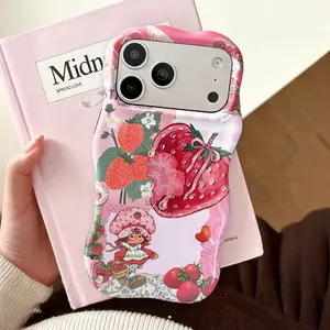 Strawberry Shortcake Phone Case ,Cute Wavy Curved Edge Glossy Protective Shockproof Rugged Cover, Dual Layer Soft TPU Bumper Hard Shell Design for iPhone 11 12 13 14 15 16 17 Pro Max Air, Sweet Cartoon Design for Girls
