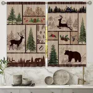 Rustic Cabin Kitchen Curtains Forest Woodland Farmhouse Brown Small Short Cafe Window Curtains Country Bear Deer Rod Pocket Bathroom Drapes Treatment Tier Curtains 2 Panels (27.5x39 Inch)
