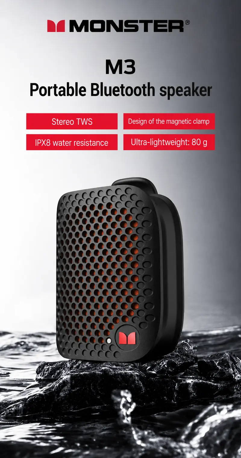 MONSTER M3 Portable Bluetooth Speaker - Compact Waterproof Bluetooth Speaker, 80g Lightweight, TWS Stereo Sound, IPX8 1m Water Immersion, Magnetic Clip-On Wearable, User-Friendly Buttons, 16.0H+ Playtime for Outdoor, Gym, Water Proof MONSTER M3 Portable Bluetooth Speaker - Compact Waterproof Bluetooth Speaker, 80g Lightweight, TWS Stereo Sound, IPX8 1m Water Immersion, Magnetic Clip-On Wearable, User-Friendly Buttons, 16.0H+ Playtime for Outdoor, Gym, Water Proof