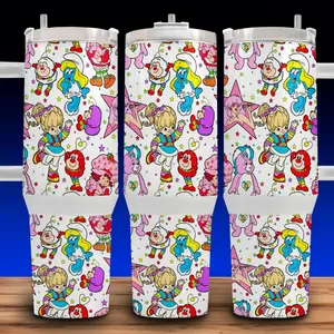 40oz Rainbow Brite and Jem 80s Cartoons Cup Mug Tumbler Stainless Steel Flask Insulated Reusable Drinkware for Horror Fans,  Portable Glossy