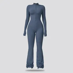 Women's Long Sleeve Flared Sports Jumpsuit - Zipper Jumpsuit, Wide Leg Bodysuit, Sexy One-Piece Yoga Jumpsuit, Fitness Activewear for the Gym, Pilates, Casual or Street Wear, Tennis Skirt with Shorts and Tie-Front Activewear sporty yoga set
