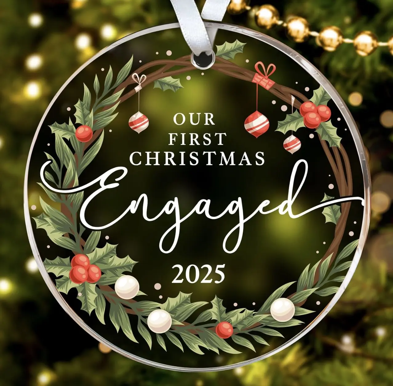 Engagement Gifts for Couples - Engagement Gift for Women, Fiance, Her, Bride to Be, Newly Engaged Couples - First Christmas Engaged Acrylic Ornament 2025 - Party Decorations