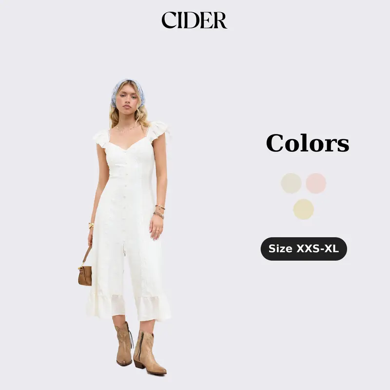 Cider Women's Rayon Woven Elegant Casual Sweetheart Midi Dress - Floral Applique, Ruffle Trim Hem, High Thigh Side Split, Party-Ready