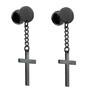 16G Black Dangle Cross Fake Plugs
