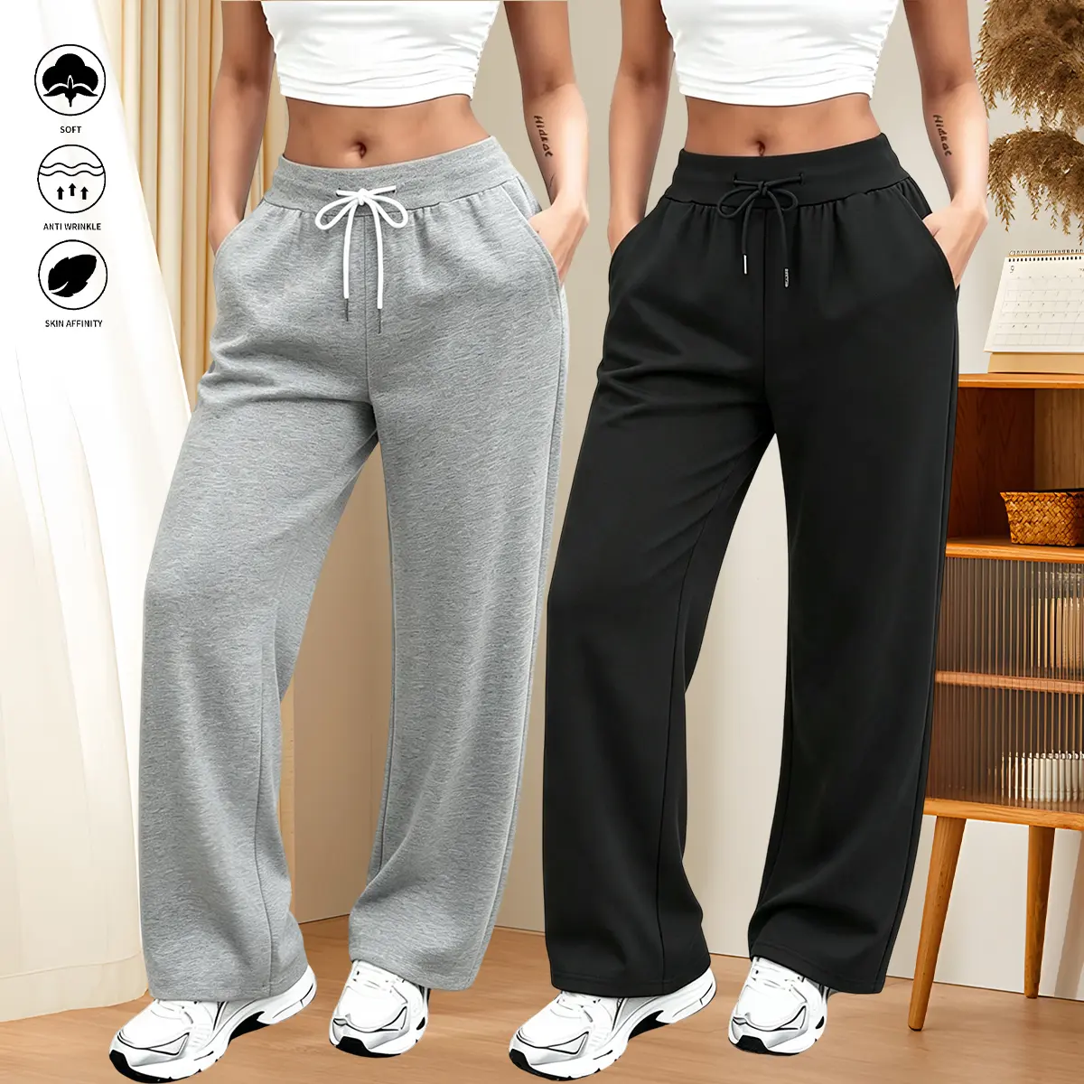 2-piece set, women’s casual pants with elastic waistband, minimalist solid color, suitable for everyday home wear and workouts; women’s long pants, women’s bottoms, womenswear