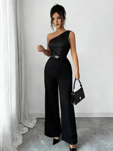 Women's One Shoulder Sequin Jumpsuit, Summer Clothes Women, Formal Sleeveless High Waist Wide Leg Outfit for Wedding Guest, Prom Party Clubwear, Glitter Evening Jumpsuit, Womenswear
