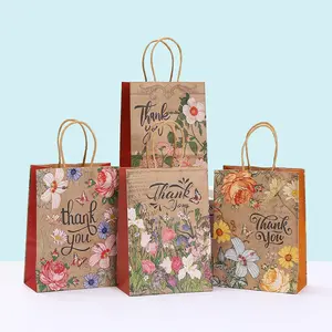 12pcs/24pcs Vintage Floral Gift Packaging Bags, Kraft Paper Handheld Pouches, Festival Party Small Gift Bags, Retro Theme