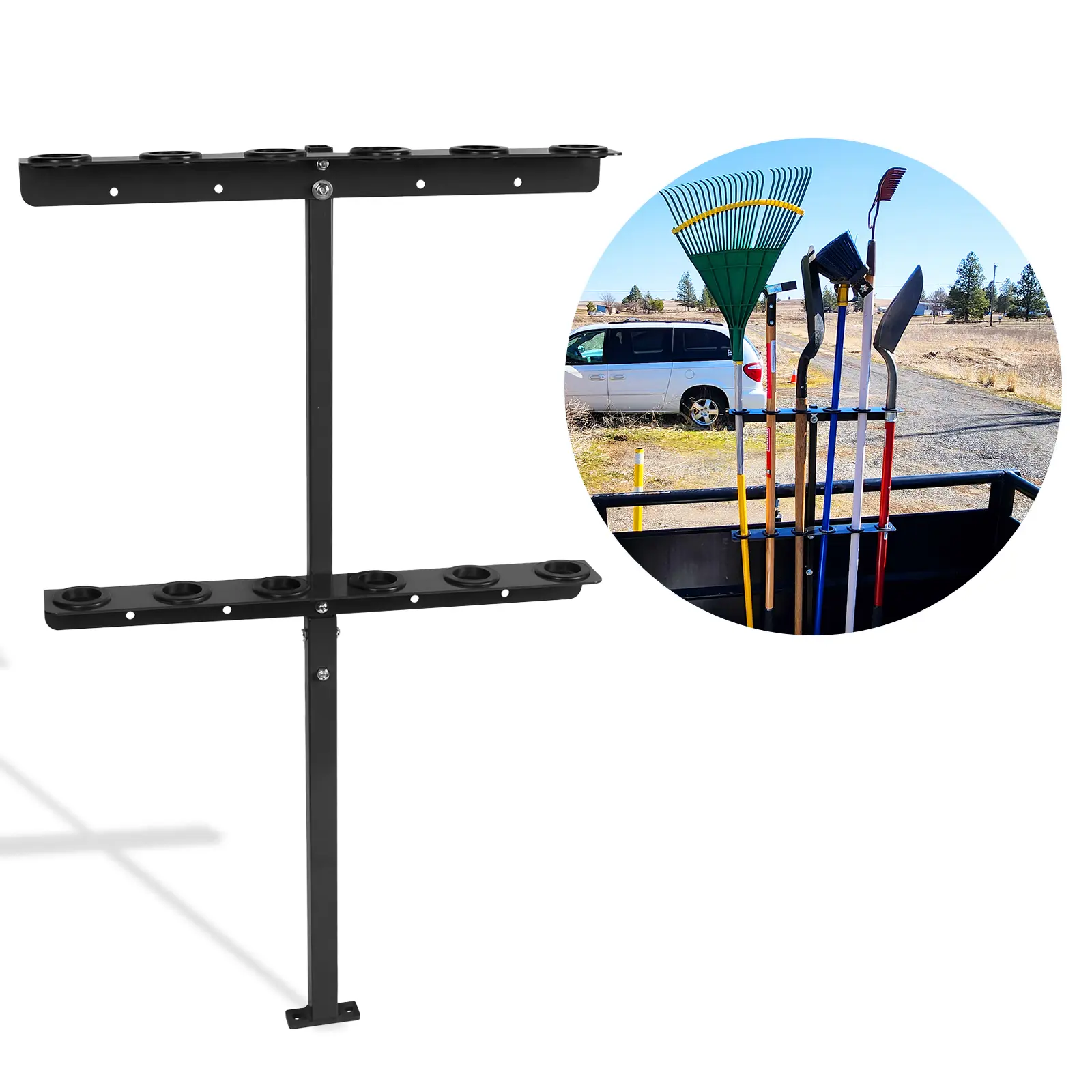 Vertical Hand Tool Rack for Truck Trailer, Landscape Trailer Rack，Holds 6 Tools for Shovels, Rakes, Hoes, Open Trailer Storage