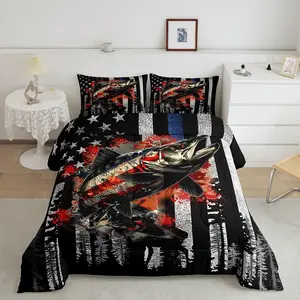 Feelyou Fishing Themed Bedding Set - Unique Pattern Big Pike & Bass Fish Comforter, American Flag Decor Duvet for Fishermen