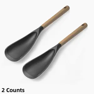 Silicone Cooking Spoon with Wooden Handle, 2 Counts Nonstick Cooking Spoon, Kitchen Gadgets, Wooden Cooking Tools, Multifunctional Spatula Spoon for Mixing, Scoop, and Scrape
