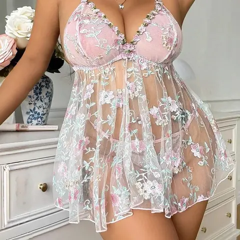 Women's Plus Size 2-Piece Lingerie Set - Sheer Mesh Reveal Nightie, Multicolor Floral Lace Embroidery, Flirty Ruffle Hem, Mesh Polyester Women's Clothes, Plus Size Clothes, Intimate Romantic Gifts for Her, Lightweight Sexywear for Anniversary, Role Play