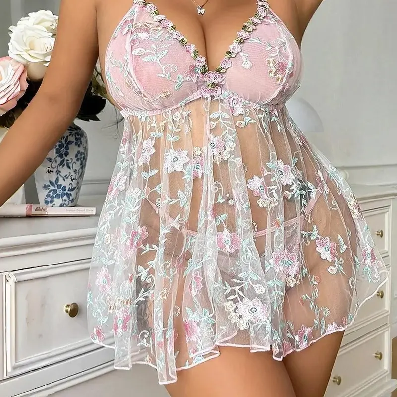 Women's Plus Size 2-Piece Lingerie Set - Sheer Mesh Reveal Nightie, Multicolor Floral Lace Embroidery, Flirty Ruffle Hem, Mesh Polyester Women's Clothes, Plus Size Clothes, Intimate Romantic Gifts for Her, Lightweight Sexywear for Anniversary, Role Play