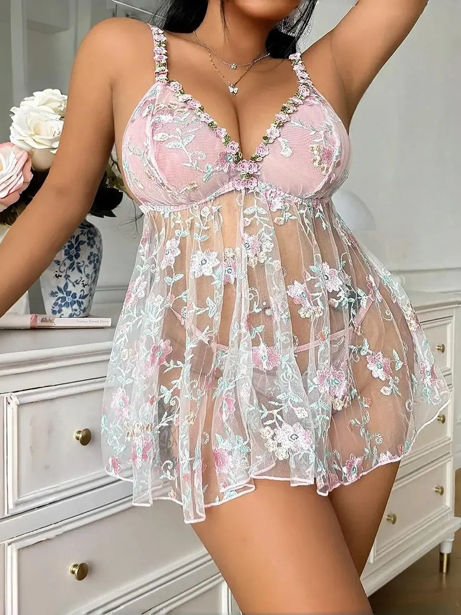 Plus Size 2-Piece Lingerie Set, Sheer Mesh Babydoll with Multicolor Floral Embroidery and Ruffled Hem, Lightweight Nightwear for Anniversary, Role Play, Romance, Embroidered, Valentines Day