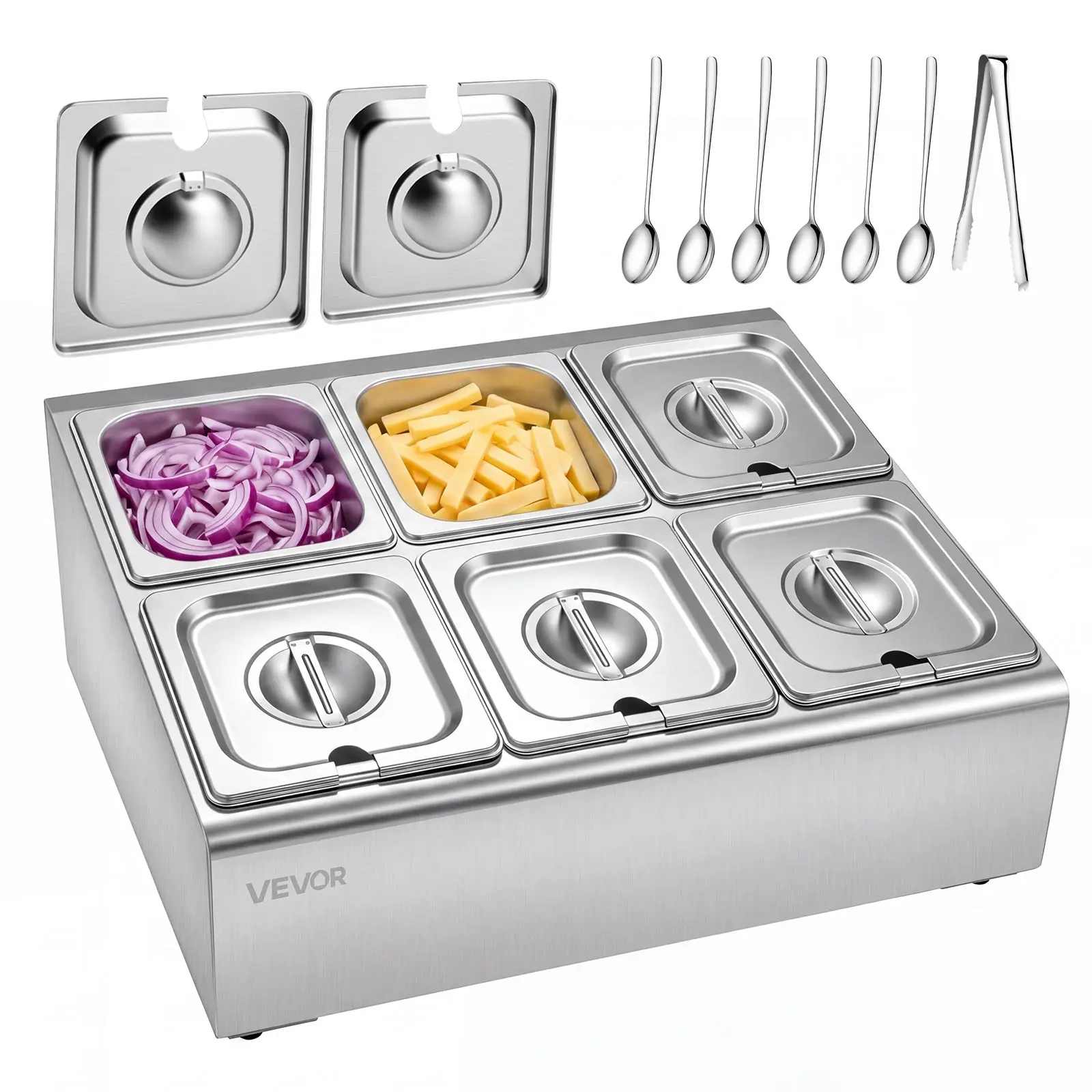 VEVOR Countertop Food Serving Display Container, Stainless Steel Food Salad Server Tray, Buffet Condiment Dispenser, Ice Cooled Rack with Separate Lid, for Restaurant Hotel Kitchen Party (6x1/6 Pan)