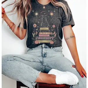 Fashion Print Mystical Cat Witchy Moon Stars Graphic Tee, Celestial Floral Book Lover Comfort Outfit, Cute Oversized Dark Cottagecore Fashion Top, Perfect Holiday Gift For Him Her Family Friends
