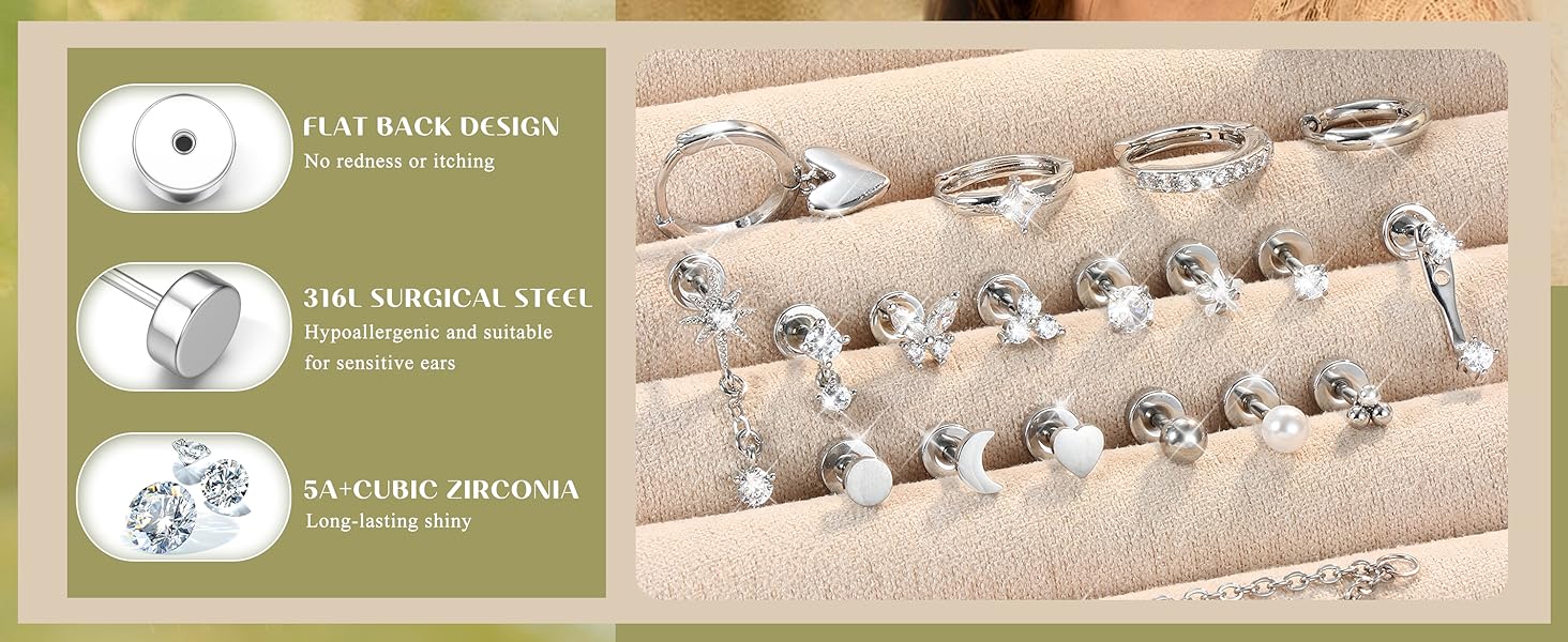 LOLIAS 21Pcs Helix Piercing Jewellery Tragus Earrings Set Flat Back Earrings Helix Hoop Tragus Stud Cartilage Earring Conch Rook Piercing Jewellery