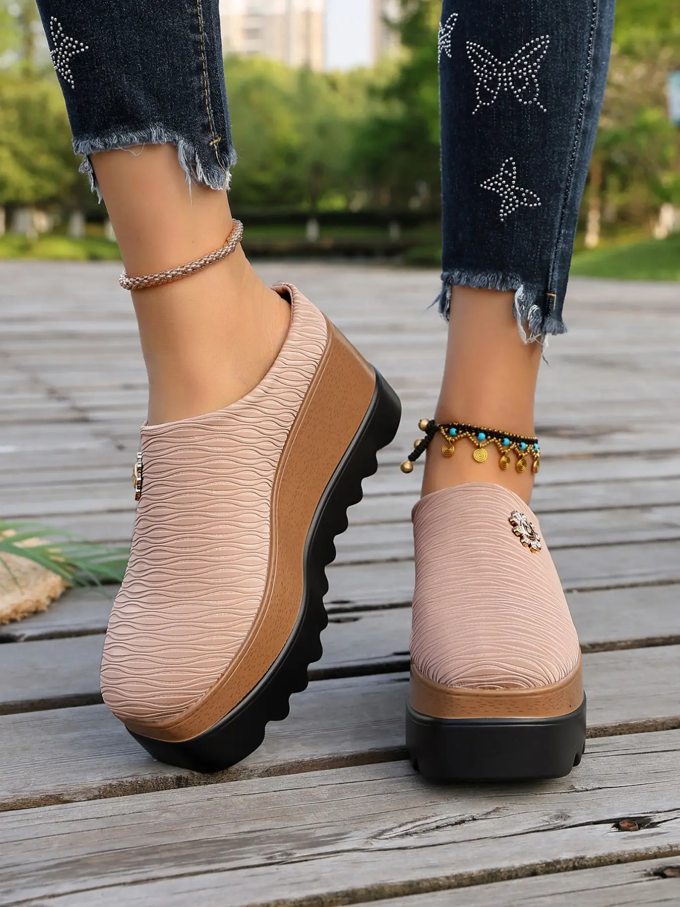 Women's Fashion New Insole Heeled Round Toe Sandals, Slip-On Low Top Shoes, Invisible Height Increase, Casual Office Wear