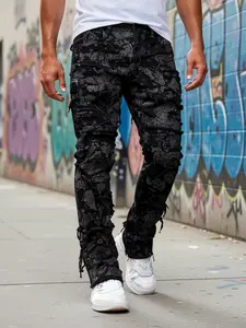 Men's Streetwear Denim Jeans Bundle - Slim Straight Stretch, Mid-Rise, Patchwork, Distressed Rips, YKK Zipper, Beige; Bandana Print Stacked Flare, All-Season Casual