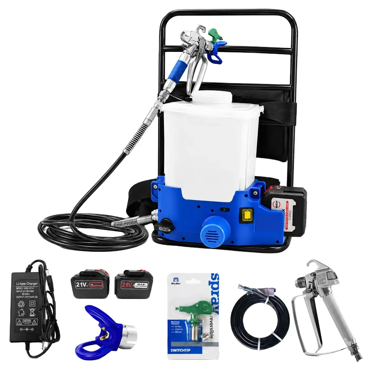 Cordless Airless Handheld Paint Sprayer - Backpack Design Spray Painting Tool, 21V Battery Powered, 1.6 Gal Tank, 2.5 L/min High-Pressure Output, 6 Adjustable Speeds, 5 ft Hose, 2×6.0Ah Rechargeable Batteries Included for Wall Painting