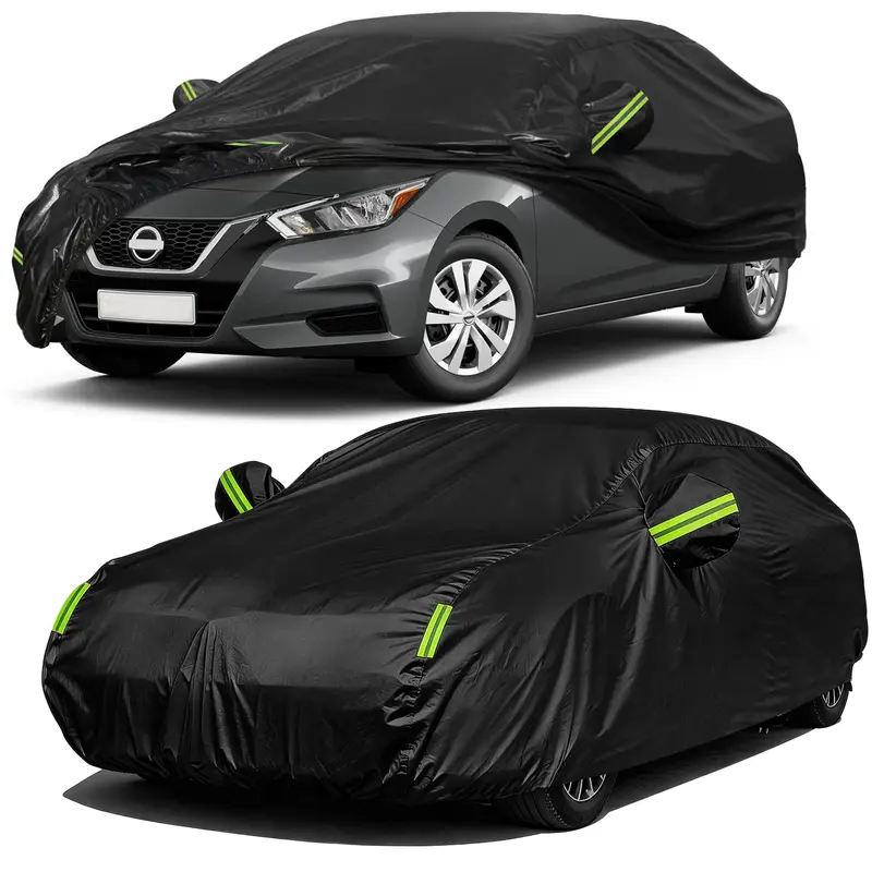 Universal Full Car Cover, All Weather Outdoor Vehicle Protector, Waterproof Rain Sun UV Dust Snow Proof Auto Cover with Elastic Hem, Fits All Sedans & SUVs