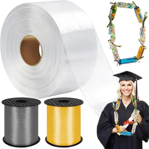 3 Inch x 500 ft Clear Poly Tubing, Graduation Candy Lei Making Kit with 2 Rolls 250 yd Ribbon, Clear Shipping Poly Tubing for DIY Graduation Wreaths Packing Snacks