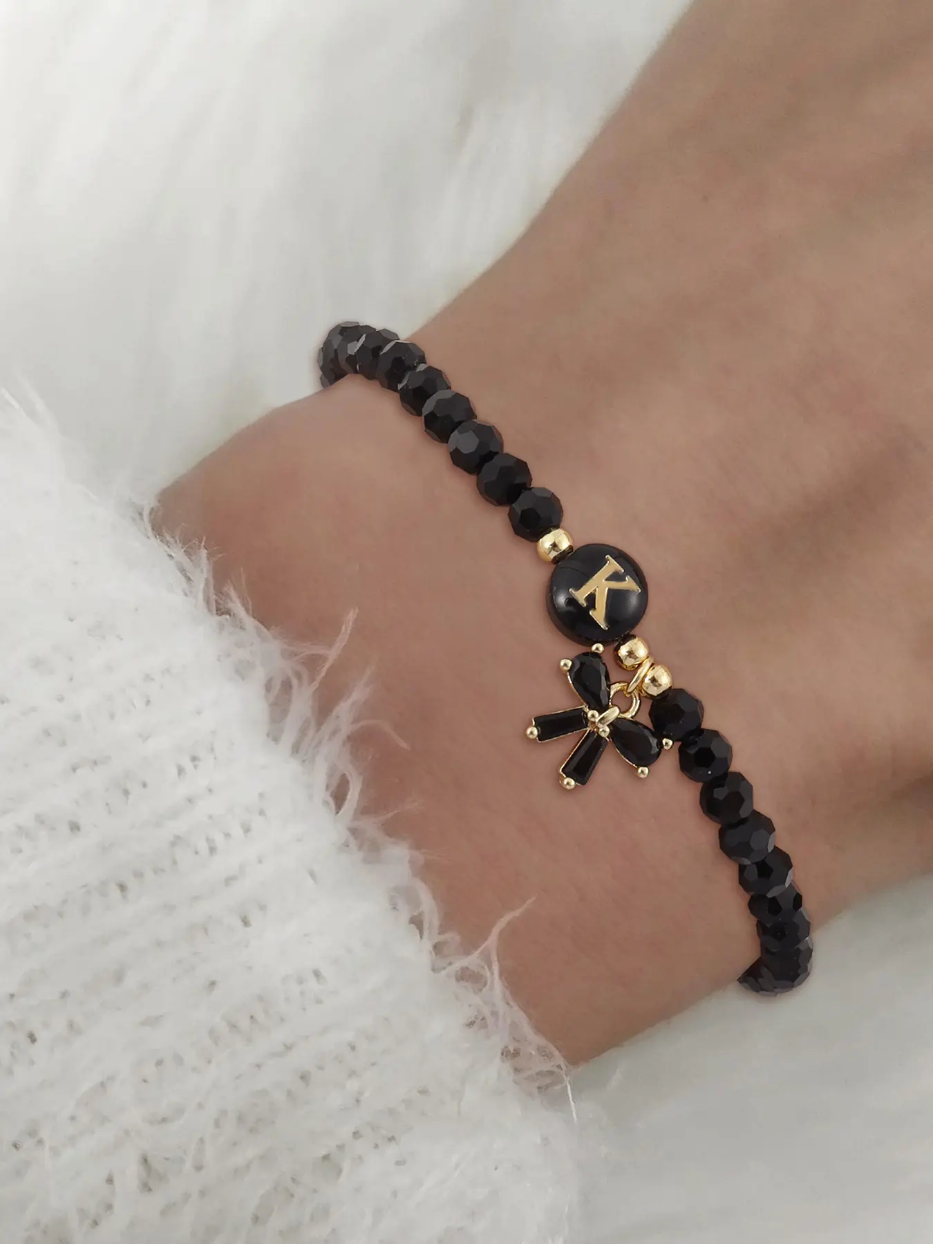 Women's Zirconia Bowknot Round Initial Bracelet, Vintage Beaded Design, Casual All-Season Jewelry Accessory