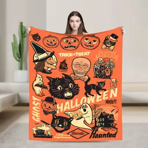 Vintage Halloween Themed Flannel Blanket, Spooky Patterned Ultra-soft Fleece Warm Throw Blanket, Bedroom Bedding Warm Napping Blankets for Home Office Nap Travel Camping  Car for Halloween Party Decor Cozy Holiday Gift