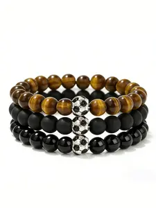 1 Piece Men's Fashion Sports Bracelet, Cool Football Beaded Bracelet with Tiger Eye Stone Elastic Cord, Unisex Couple Bracelet Gift, Stackable Bracelets