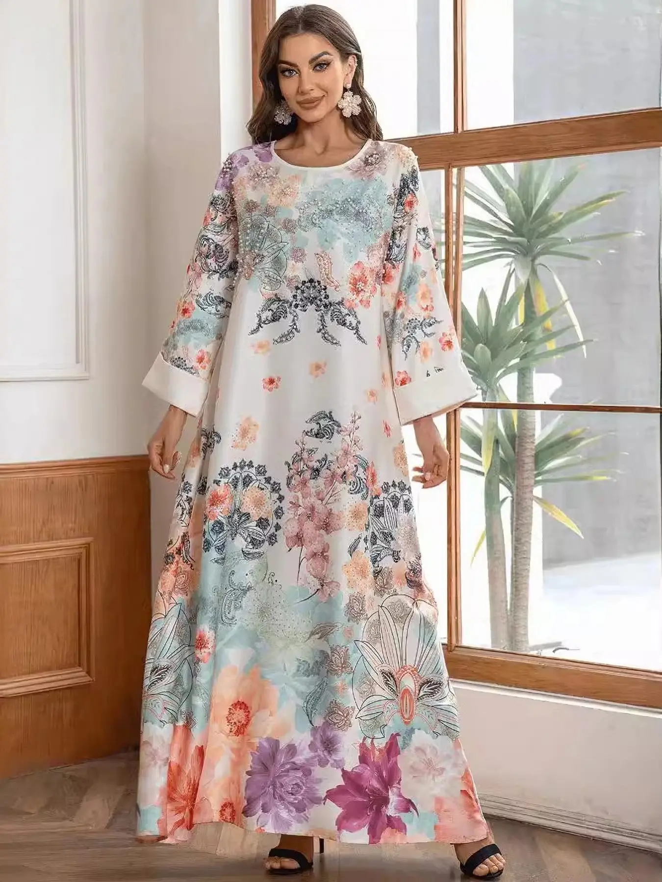 Trendy Rhinestone Printed Muslim Arabic Modest Style Dress Long Robe for Women Islamic Modesty Clothes