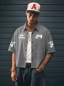 Men's Vintage Chicago Plaid Short Sleeve Shirt, Victory Print Streetwear Top, Casual Loose Fit Striped Blouse for All Seasons