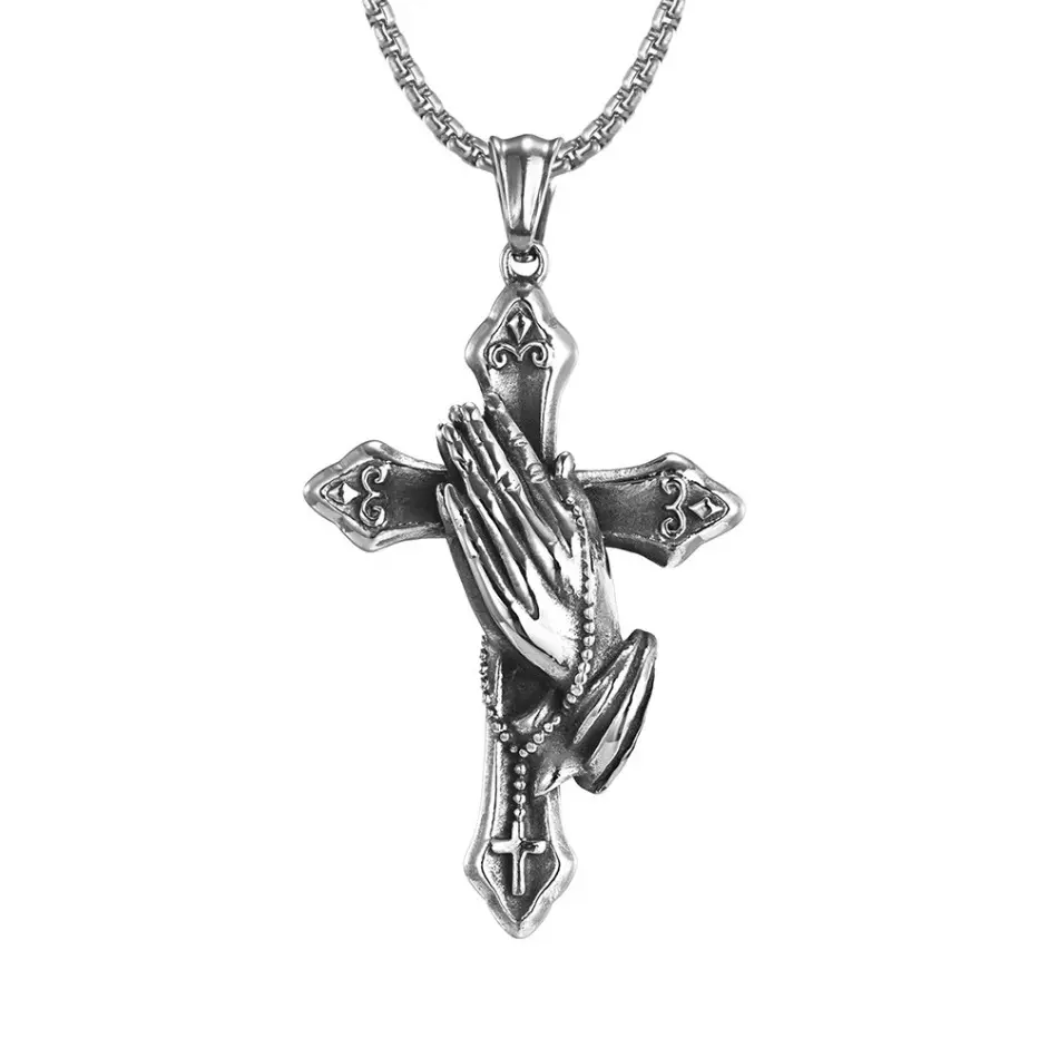 2026 New Y2K Praying Hands Stainless Steel Cross Necklace Unisex Hip Hop Jewelry Fade-Resistant Party Accessory Couple Gift TikTokShop