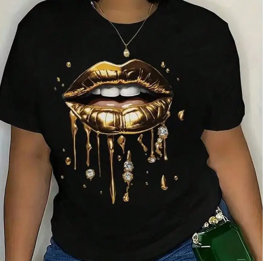 Women's 100% Cotton Casual Chic Tops - Luxury Dripping Gold Lips, Shiny Diamond Rhinestone Graphic, Comfortable Short-Sleeve Summer Cool T-Shirt