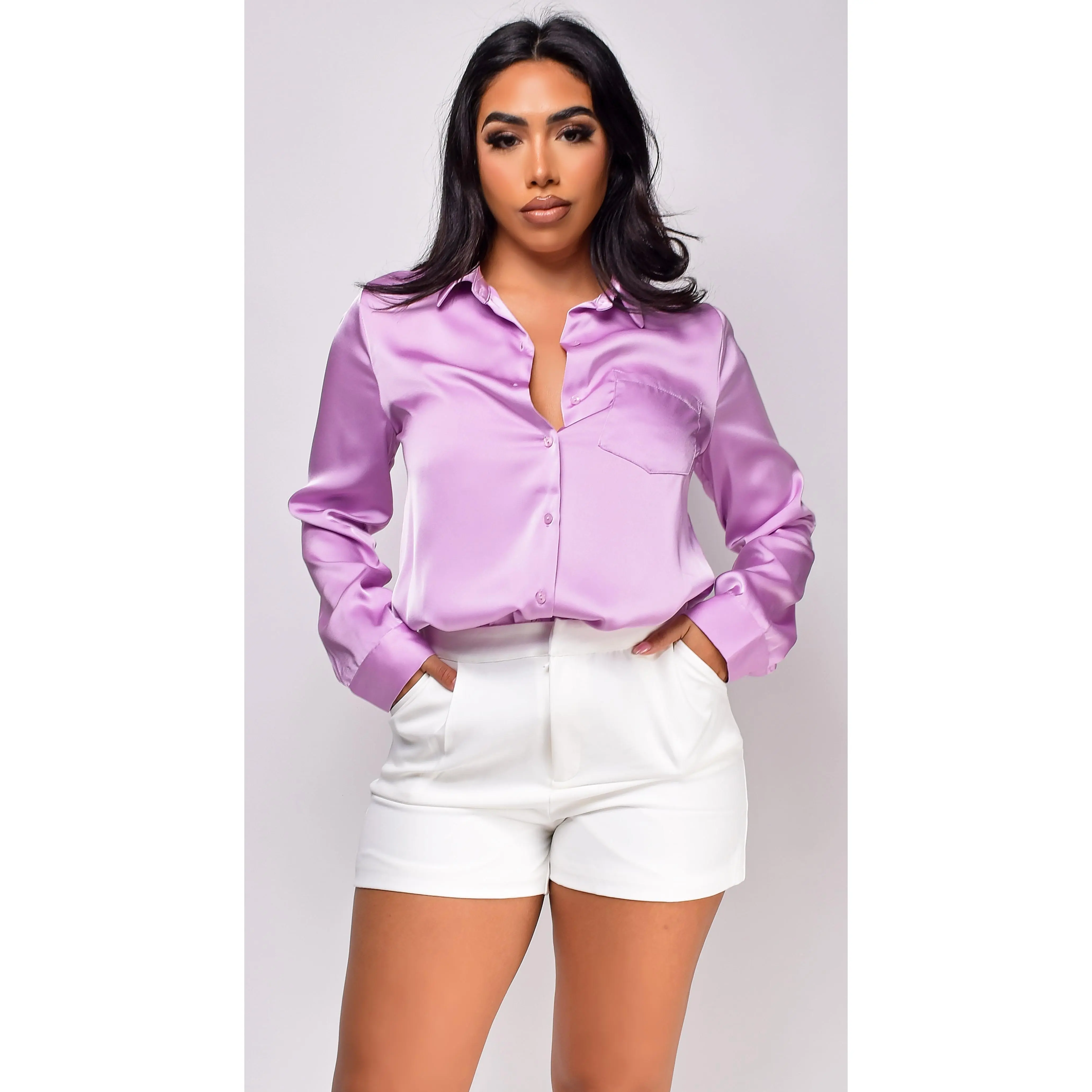 Braylee Satin Button Down Blouse Top - Lavender