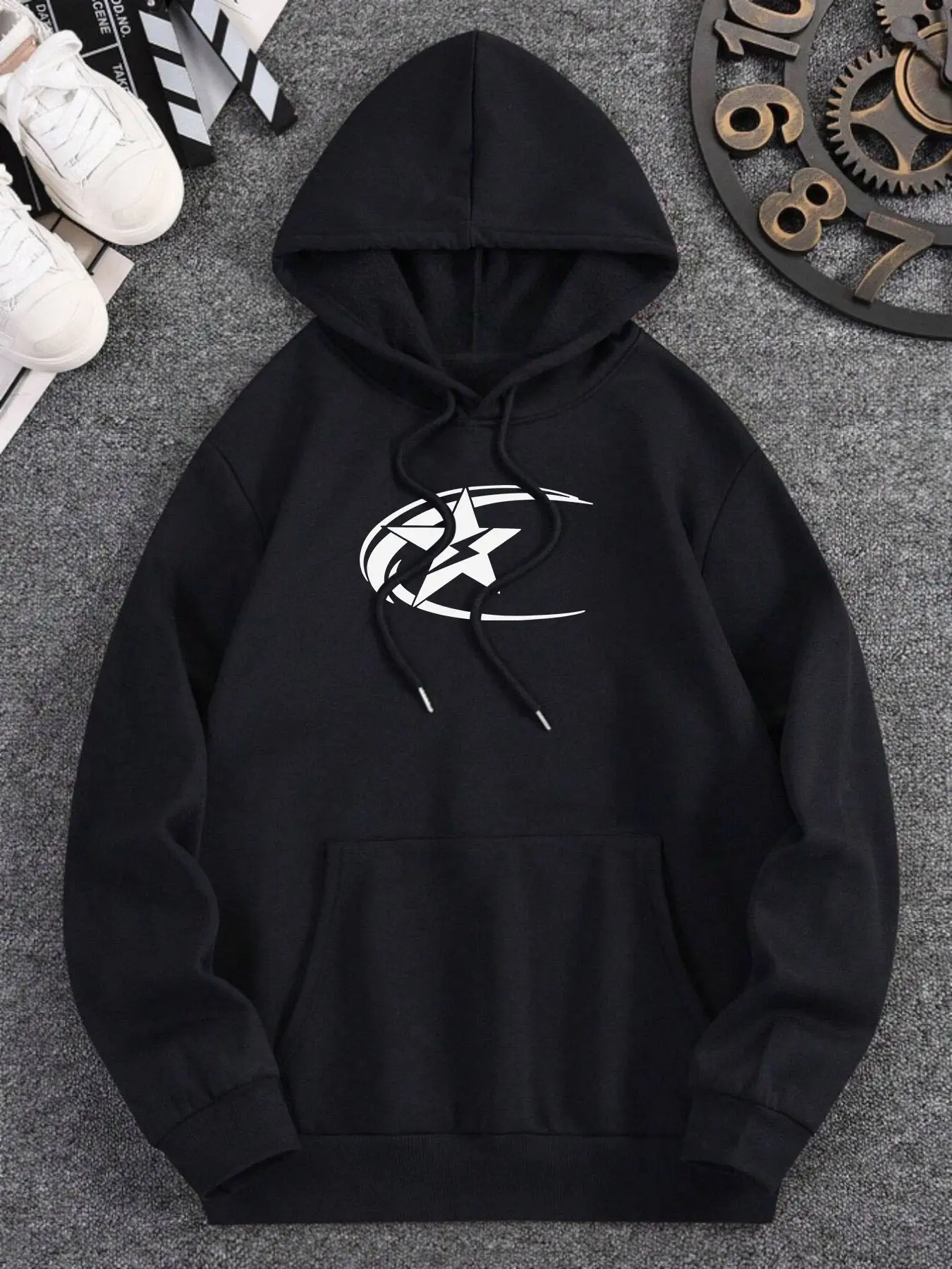 Men's Casual Galaxy Print Pullover Hoodie, Longsleeve Sweatshirt with an Artistic Celestial Star and Moon Motif, Longsleeves, Menswear, Top, Polyester Fibre, Star-Moon, Cosmic Print, Celestial Motif, Loose-Fit, Hooded Neck, Fashion, Stylish