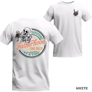 Surviving Fatherhood T-Shirt - Skeleton with Beer Graphic and One Beer at a Time Quote Perfect for Fathers with Humor, Cotton Material, Unisex Menswear Top